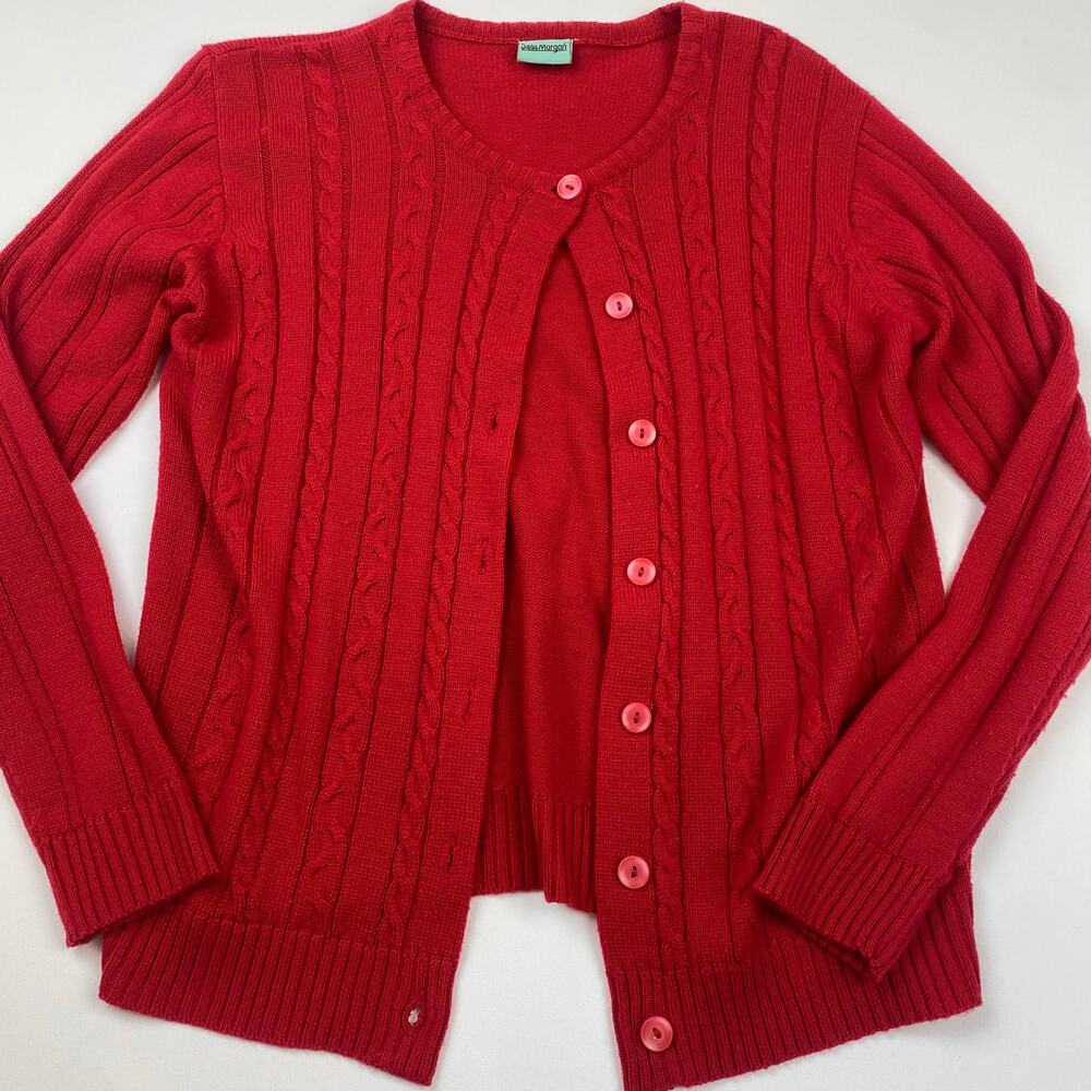 Vintage cable knit button up red cardigan sweater Sara Morgan Granny Core